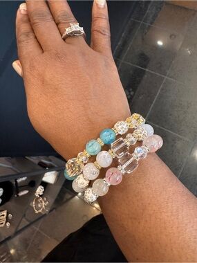 Elegant Multicolor Beaded Stretch Bracelet Set - Pastel & Turquoise Accents